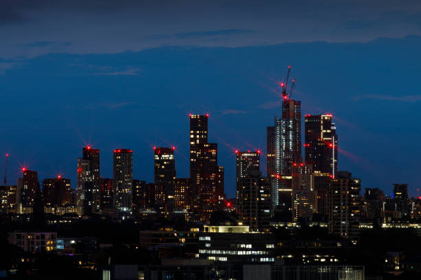 A scenic view of the residential skyscrapers in the Vauxhall district after the sunset as seen from the South. Vauxhall is a district in southeast London, part of the London Borough of Lambeth, England.