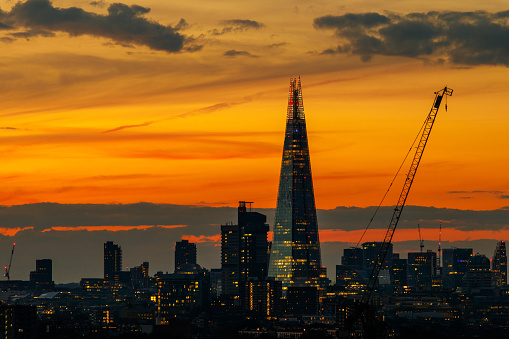 The Shard. A 72-storey skyscraper in the Southwark district as seen from the South at sunset. The Shard is the tallest building in the United Kingdom