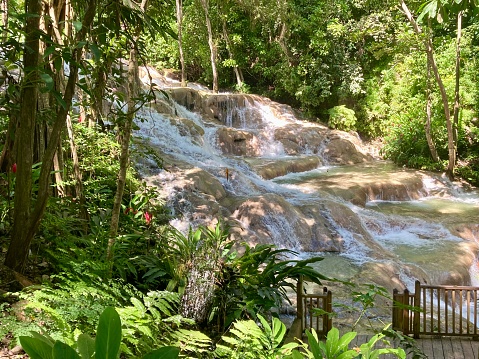 Jamaica - Dunn's river fallo - one of the main attractions of the island, with its cool waters in a forest of lush vegetation. Tourists are brought up the waterfalls on foot. Or visit this wonder using the wooden stairs that run along the waterfall. This waterfall flows directly into the sea.
