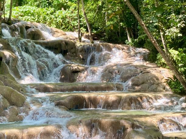 Jamaica - Ocho Rios - Dunn’s river falls Jamaica - Ocho Rios - Dunn waterfalls. One of the main attractions in Jamaica, where tourists walk up the waterfall dunns river falls stock pictures, royalty-free photos & images