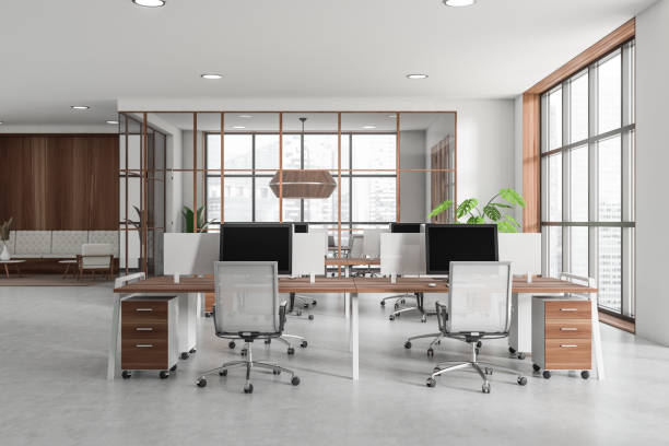 istock Office interior with pc computer, relax area and panoramic window on city view 1418996408