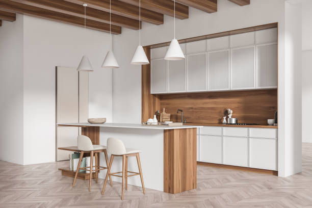 istock Light kitchen interior with countertop and seats, kitchenware and decoration 1418996443