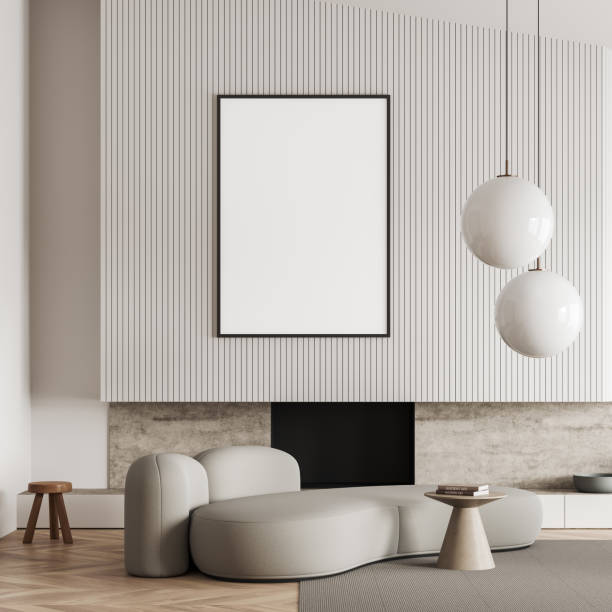 istock Relax room interior with couch and fireplace, decoration. Mockup frame 1418996449