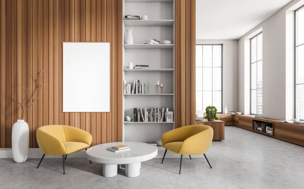 istock Front view on bright living room interior with empty poster 1418997036