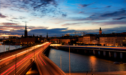 View of the Landungsbrücken in Hamburg, St. Pauli in the twilight of the blue hour.