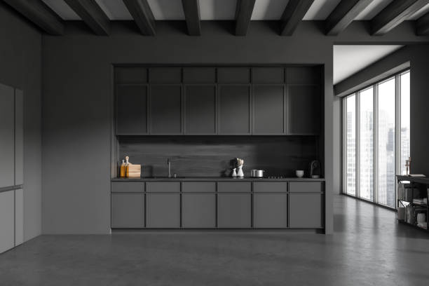 istock Grey kitchen set interior with shelves and appliances, panoramic window 1418997263