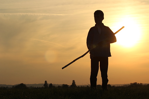 Silhouette of young boy playing in a field with a stick with bright sun in background