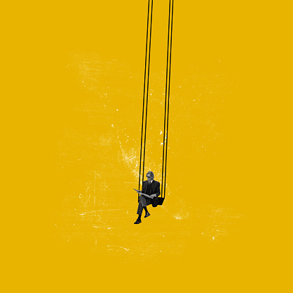 Collage de arte contemporáneo. Imagen conceptual. Joven sentado en columpio y leyendo aislado sobre fondo amarillo photo