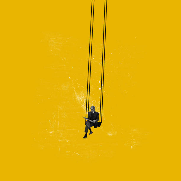 Contemporary art collage. Conceptual image. Young man sitting on swing and reading isolated on yellow background Contemporary art collage. Conceptual image. Young man sitting on swing and reading isolated on yellow background. Loneliness. Concept of emotions, feelings, psychology, depression and despair surreal stock pictures, royalty-free photos & images