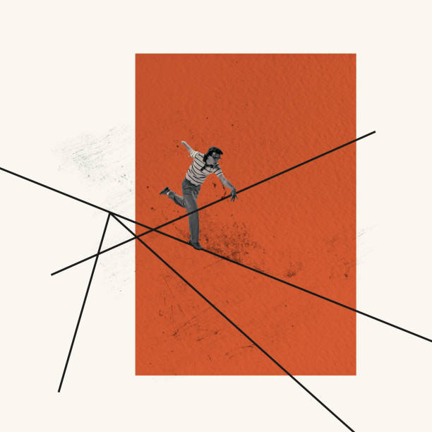 istock Contemporary art collage. Conceptual image. Young man stepping, walking on lines. Overcoming difficulties 1418997312