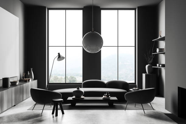 istock Dark living room interior with coffee table with sofa, armchairs 1418998488