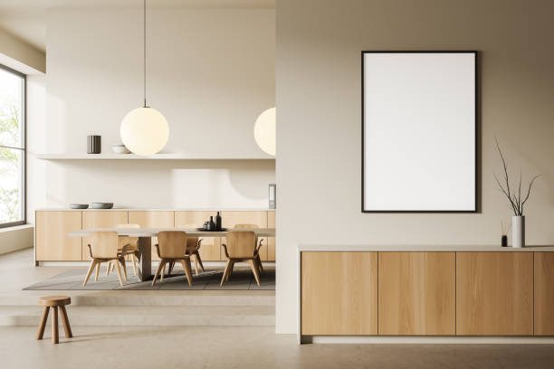 istock Light meeting room interior with chairs and table, panoramic window. Mockup frame 1418998750