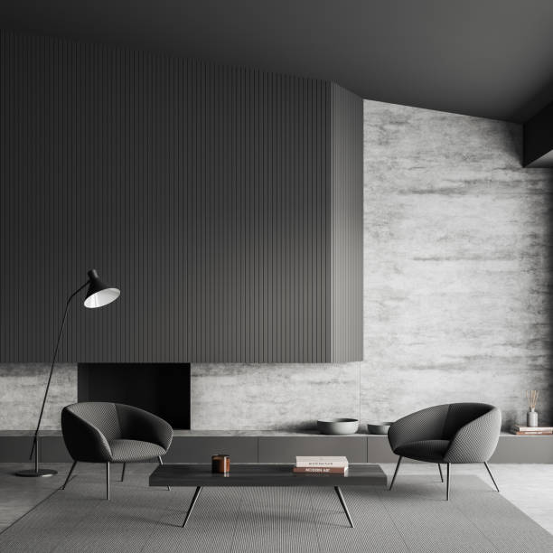 istock Grey relax interior with two chairs and decoration, fireplace and empty wall 1418998937
