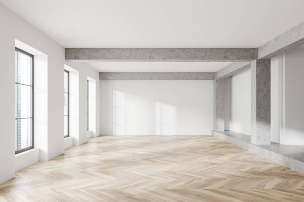 istock Light empty hall in modern apartment, panoramic window on city view 1418999043