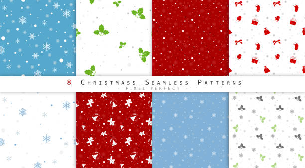 Christmas Seamless Pattern Set - 8 Pixel Perfect Vector Backgrounds Various Christmas Seamless Patterns Collection. Endless Texture for Wallpaper, Webpage Background, Wrapping Paper Print christmas stocking background stock illustrations