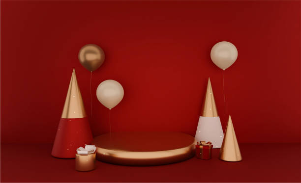 istock Product presentation stage. Red podium with gift boxes, cones, scene mockup, showcase.Anniversary. Birthday greeting card, invitation. 3D illustration. 1419004566