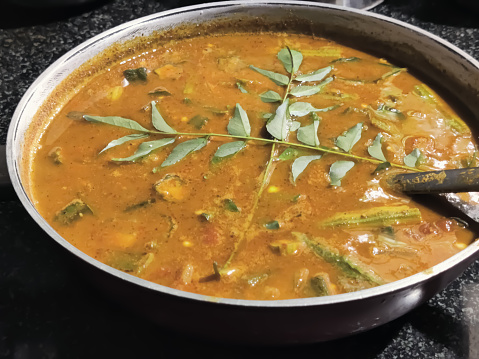 Delicious South India dish Sambar in a bowl closeup shot