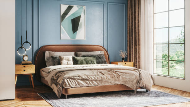 Scandinavian Style Bedroom Interior of a modern bedroom decorated with modern furniture with pastel tones. bed decoration stock pictures, royalty-free photos & images
