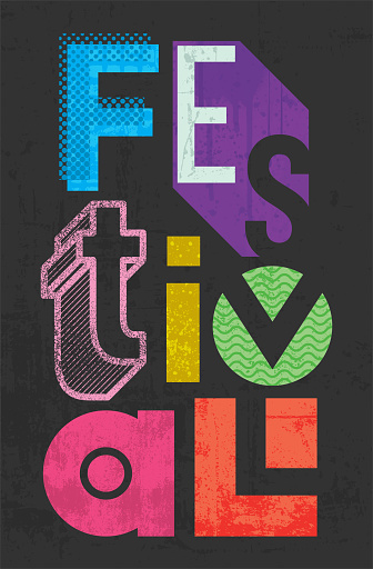 Grunge vector illustration of the word FESTIVAL on a black grunge background. Grunge letters, grunge typography. Design for posters, flyers, brochures.