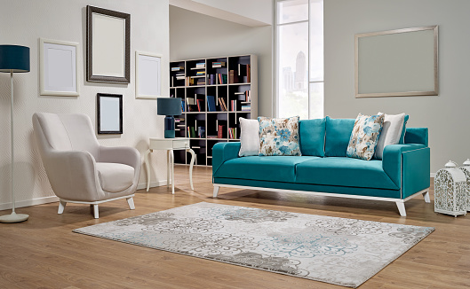 Interior design of modern living room with set of two coffee tables, blue armchairs, home design 3d rendering