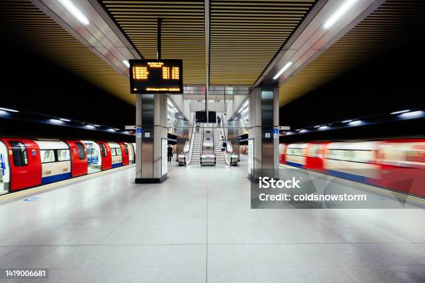 Blurred Motion Of Tube Train At Modern Battersea Power Station Underground Station London Uk Stock Photo - Download Image Now