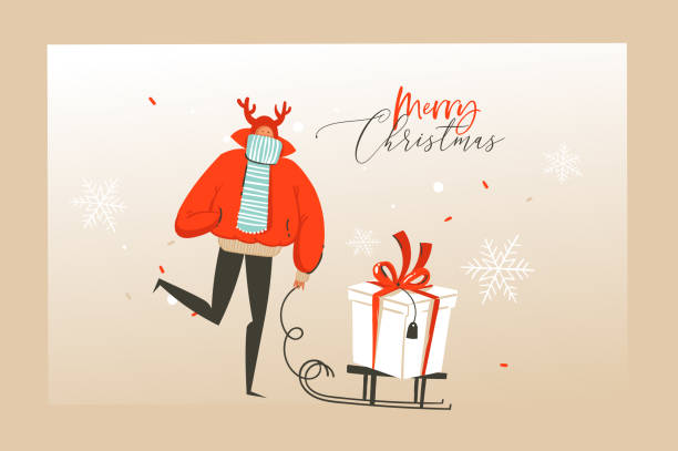 istock Hand drawn vector abstract fun Merry Christmas time cartoon illustration greeting card with happy xmas market people,presents and Merry Christmas typography text isolated on craft background 1419008283