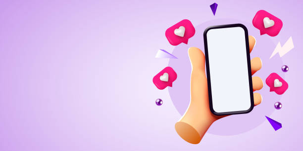 istock Cute cartoon hand holding mobile smartphone with Likes notification icons. Social media and marketing concept. 1419008841