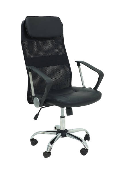 istock black office fabric armchair on wheels isolated on white background, side view 1419009886
