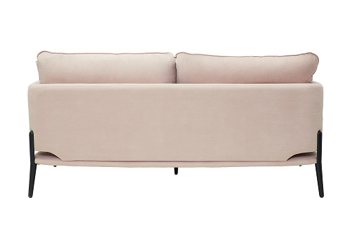 Modern pink fabric couch with black legs isolated on white background, back view
