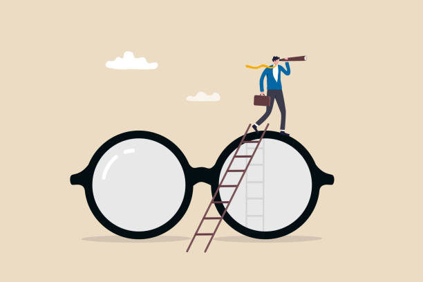 ilustrações de stock, clip art, desenhos animados e ícones de clear business vision, clarity or transparency, discover way to success or looking for business opportunity, precision or accuracy concept, businessman climb up big eyeglasses see vision on telescope. - anticipation
