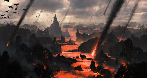 meteorite che cade dal cielo, scena del purgatorio, illustrazione 3d. - volcano exploding smoke erupting foto e immagini stock