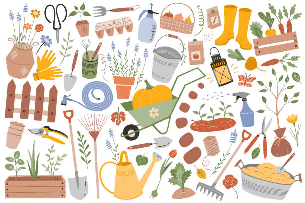 Set of garden tools icons, doodle illustrations of gardening and farm equipment, agriculture items collection Set of garden tools icons, doodle illustrations of gardening and farm equipment, wheelbarrow, secateurs, flowerpots, agriculture items collection, isolated colored clipart on white background watering pail stock illustrations