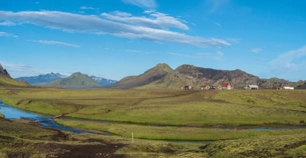 istock Panoramic landscape with mountain huts at camping site on blue Alftavatn lake with river, green hills and glacier in beautiful landscape of the Fjallabak Nature Reserve in the Highlands of Iceland part of Laugavegur hiking trail. 1419021307