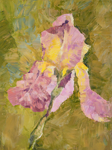 Artistic  floral illustration work of art oil painting impressionism vertical landscape pink iris and bud on a greenish background of foliage and grass
