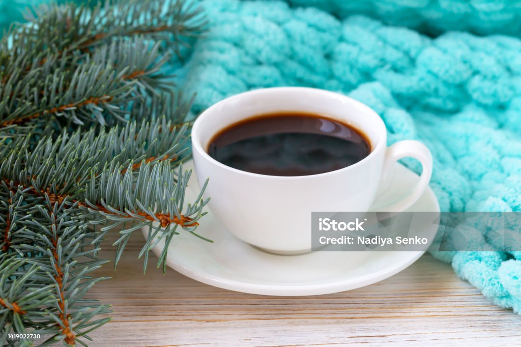 A cup of coffee, a plaid, and a Christmas tree branch A white cup of black coffee, a warm turquoise knitted plaid, and a Christmas tree branch. The concept of celebration, comfort and pleasure Aromatherapy Stock Photo