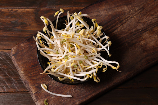 Fresh Bean sprouts prior to cooking. High resolution image 45Mp taken with Canon EOS R5 and f2.8 Macro lens
