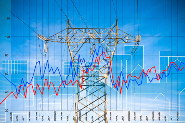 istock Growing graph about electricity production costs - concept with power tower and transmission lines against an imaginary cityscape 1419024247