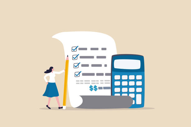 Project cost estimation, calculate budget or resources to finish work, financial plan, invoice or tax, expense or loan concept, businesswoman with calculator estimate cost from project document. vector art illustration