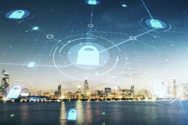 istock Virtual creative lock symbol and microcircuit illustration on Chicago skyline background. Protection and firewall concept. Multiexposure 1419026156