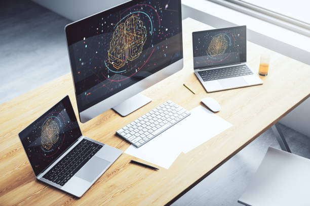 istock Creative artificial Intelligence concept with human brain hologram on modern laptop screen. 3D Rendering 1419026248