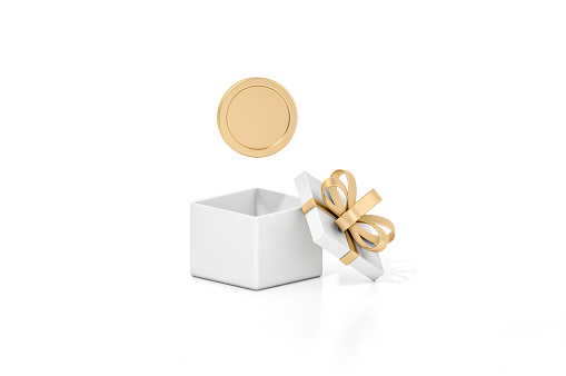 Gold coin floating on gift box opening with white background  for business and financial concept 3d rendering. 3d illustration concept of save money or open a bank deposit or Investments in future.
