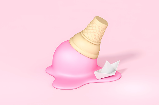 Abstracto del mar en derretido un helado rosa con barco de papel doblado sobre fondo pastel 3d renderizado. Ilustración 3d Diseño temporada verano barco de papel o barco de papel estilo moderno concepto minimalista. photo
