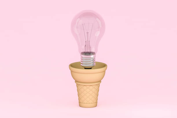 istock Turned off light bulb floating on waffle cones on pink background. 3D illustration Creative idea and innovation lightbulb 3d business and electricity interior lamps decorations minimal concept. 1419030353