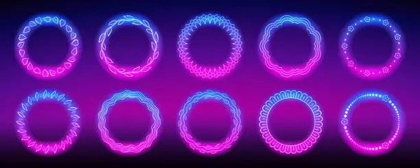 Vector illustration of Round Flower Neon Frames Set