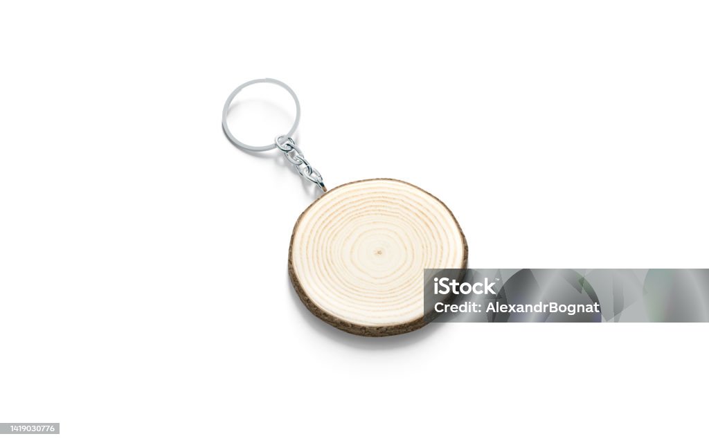 Blank wooden round tag on chain mockup, side view Blank wooden round tag on chain mockup, side view, 3d rendering. Empty circle wooden keychain or trinket holder mock up, isolated. Clear breloque souvenir for home keyholder template. Armenia - Country Stock Photo
