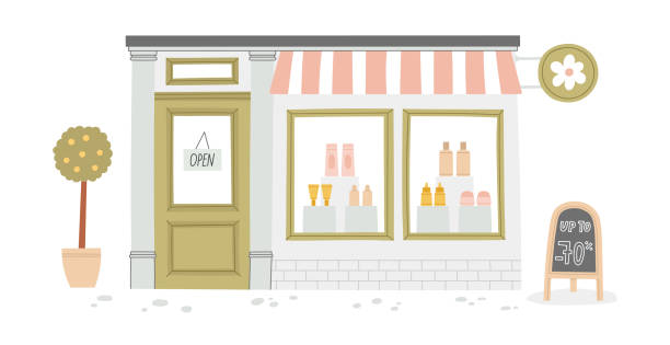 Vector illustration of cute shop with beauty products and cosmetics. Sale sign. Showcase with cream, essence, lotion, tonic. Nice city exterior with facade, tree, signboard, tablet. Beauty shopping facade stock illustrations