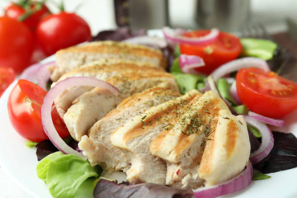 Tasty salad with grilled chicken, close up