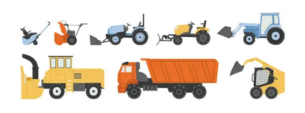 Vector illustration of Big set with snowblower machines.