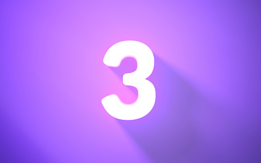 3d Render Neon number 3 Sitting on Purple Background (close-up)