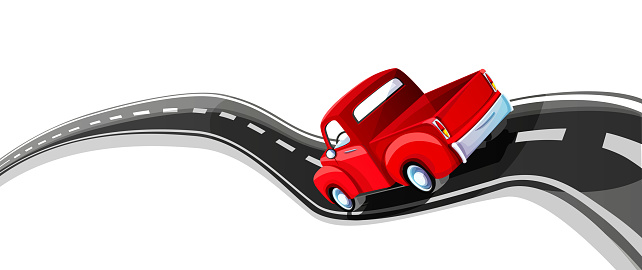 The concept of mechanical engineering and fast movement. Pickup truck with asphalt road in cartoon style on a isolated white background.